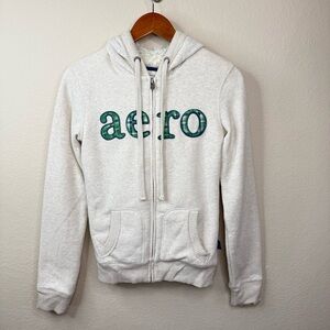 AERO Y2K Creme Hoodie Logo Sherpa Lined Full Zip Pockets Women’s Sz S